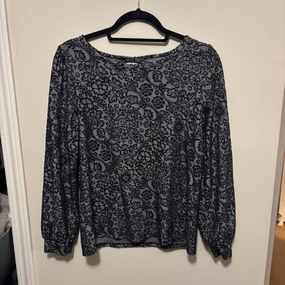 LOFT Floral Jacquard Cutout Back Long Sleeve Knit Top